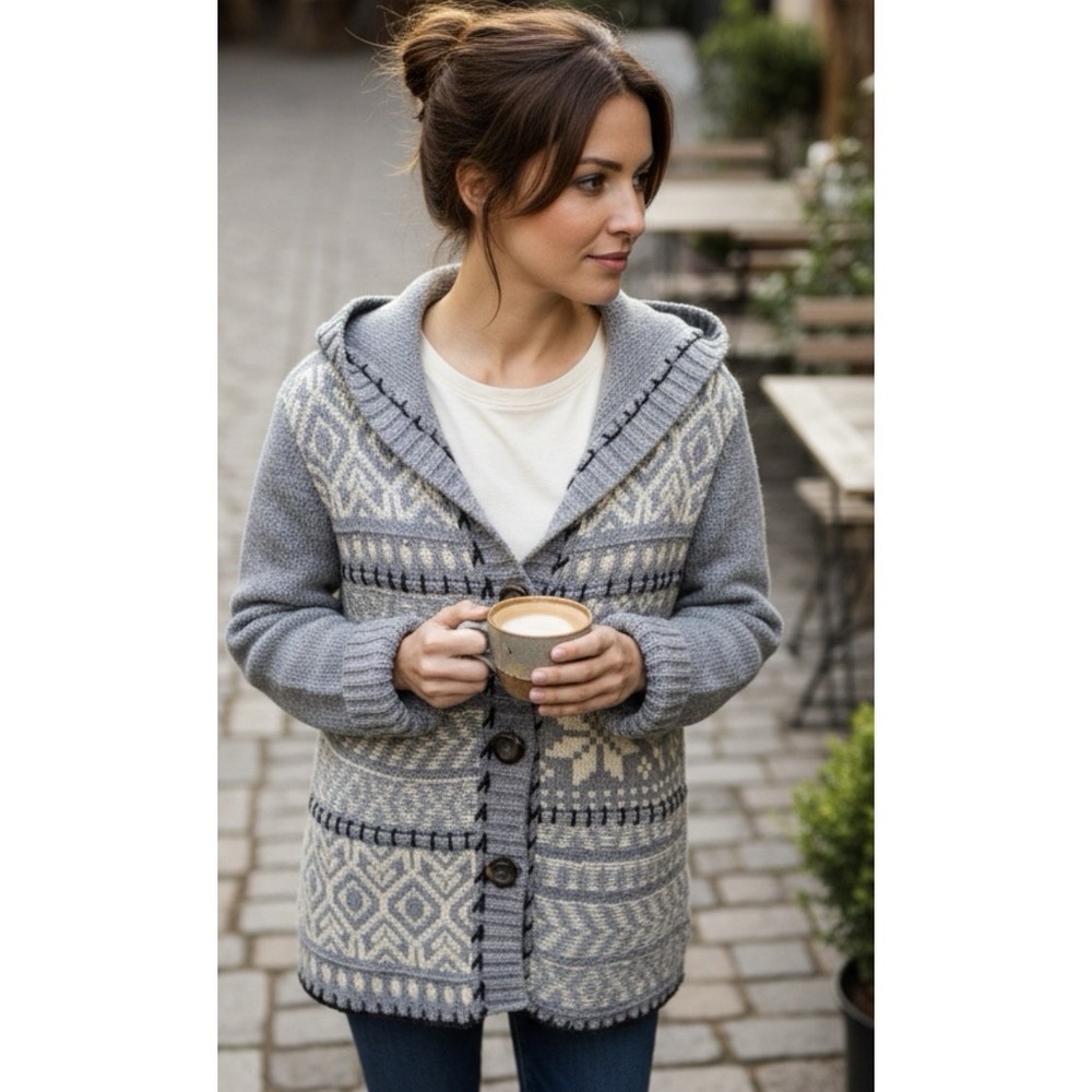 J Jill Hand Embroider Sweater Womens M Gray Hooded Button Cardigan Fair Isle